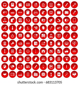 100 office work icons set in red circle isolated on white vector illustration