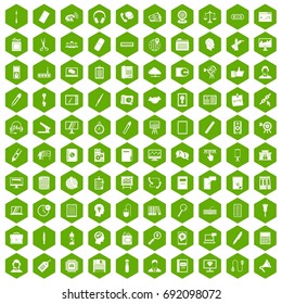 100 office work icons set in green hexagon isolated vector illustration