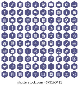 100 office work icons set in purple hexagon isolated vector illustration
