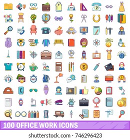 100 office work icons set. Cartoon illustration of 100 office work vector icons isolated on white background