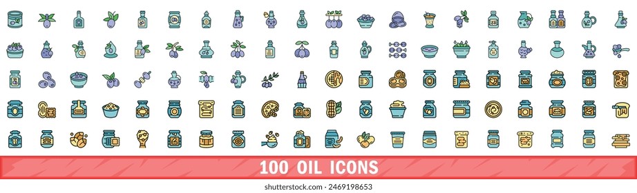 100 iconos de aceite conjunto. Conjunto de línea de color de iconos de vector de aceite de línea fina de color plana en blanco