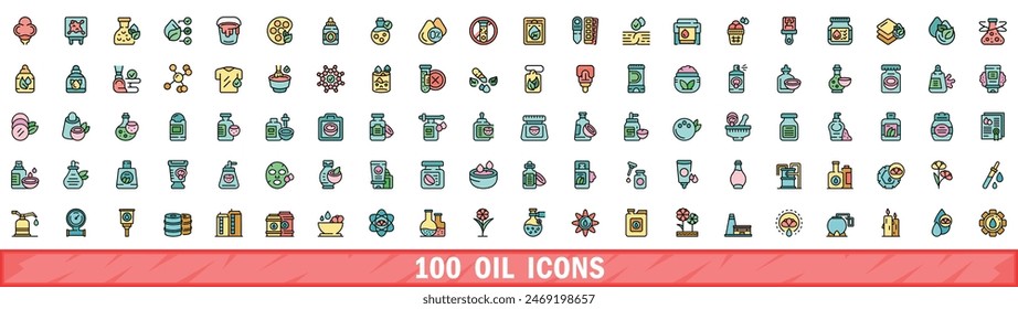 100 oil icons set. Color line set of oil vector icons thin line color flat on white