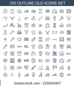 100 old icons. Trendy old icons white background. Included outline icons such as woman hat, alarm, catapult, old man with child, cannon, air balloon. old icon for web and mobile.