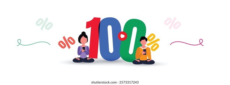 100%. One hundred percent genuine. 3D multi colour number, digits 100%. Warranty concept for sale banner with a girl and boy. Vector illustration.