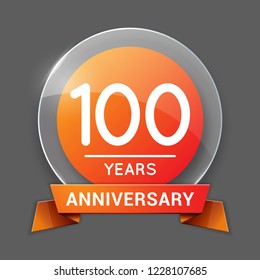 100 / One Hundred Years Anniversary Logo with Glass Emblem Isolated. 100th   Celebration. Editable Vector Illustration.
