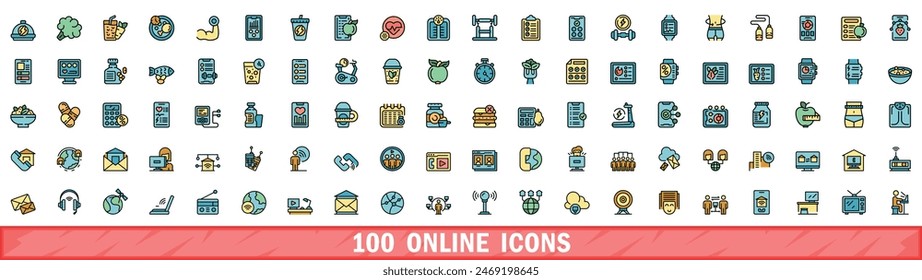 100 iconos en línea establecidos. Conjunto de línea de color de iconos vectoriales en línea delgada línea de color plana en blanco