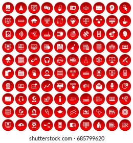 100 on-line seminar icons set in red circle isolated on white vectr illustration