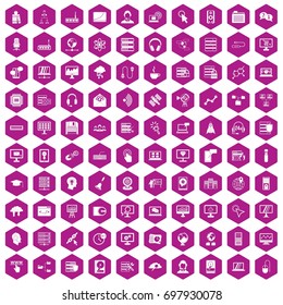 100 on-line seminar icons set in violet hexagon isolated vector illustration