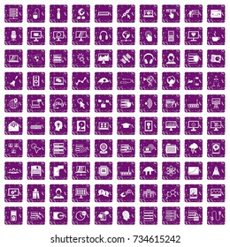 100 on-line seminar icons set in grunge style purple color isolated on white background vector illustration