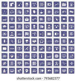 100 on-line seminar icons set in grunge style sapphire color isolated on white background vector illustration