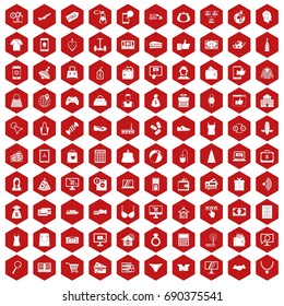 100 online shopping icons set in red hexagon isolated vector illustration