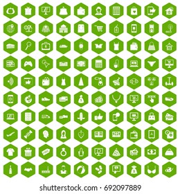 100 online shopping icons set in green hexagon isolated vector illustration