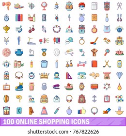 100 online shopping icons set. Cartoon illustration of 100 online shopping vector icons isolated on white background