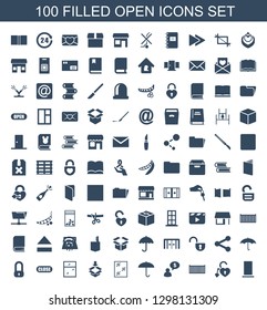 100 open icons. Trendy open icons white background. Included filled icons such as door, heart lock, cargo box, man thinking about money, umbrella. open icon for web and mobile.