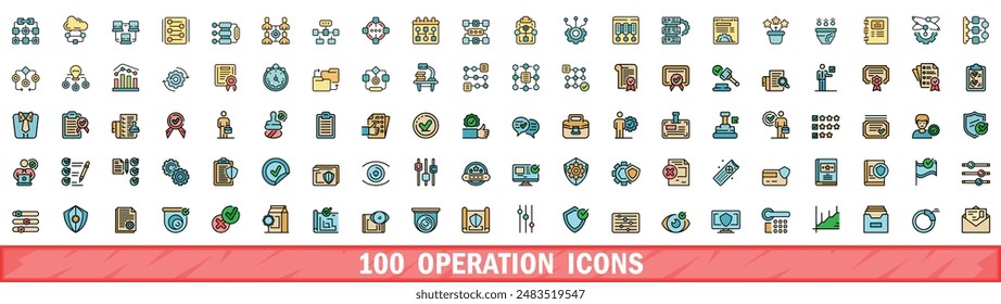 100 iconos de operación establecidos. Conjunto de línea de color de iconos de vector de operación línea fina de color plana en blanco