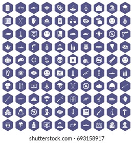 100 oppression icons set in purple hexagon isolated vector illustration