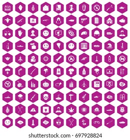 100 oppression icons set in violet hexagon isolated vector illustration