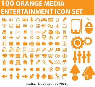 100 orange entertainment icon vector set