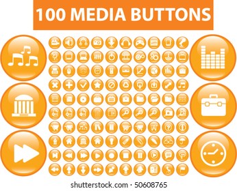 100 orange media buttons. vector
