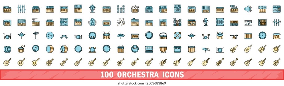 100 orchestra icons set. Color line set of orchestra vector icons thin line color flat on white