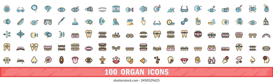 100 organ icons set. Color line set of organ vector icons thin line color flat on white