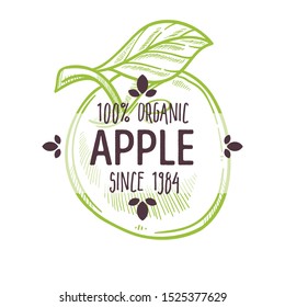 100 organic apple, whole fruit, sweet, sour tasting, label for all natural produce packaging design, hypoallergenic baby weaning food, hand drawn sketch, vector illustration on white background