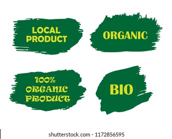 100% Organic, bio, eco, natural product, vegan food, natural farming, vegetarian labels. Vector collection of paint brush strokes isolated on white background. Hand drawn abstract design elements set.