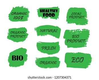 100% Organic, bio, eco, natural product, vegan food, natural farming, vegetarian labels. Vector collection of paint brush strokes isolated on white background. Hand drawn abstract design elements set.