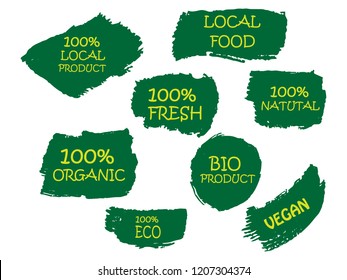 100% Organic, bio, eco, natural product, vegan food, natural farming, vegetarian labels. Vector collection of paint brush strokes isolated on white background. Hand drawn abstract design elements set.