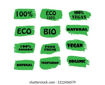 100% Organic, bio, eco, natural product, vegan food, natural farming, vegetarian labels. Vector collection of paint brush strokes isolated on white background. Hand drawn abstract design elements set.
