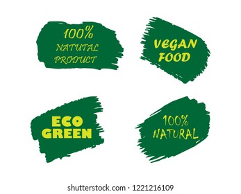 100% Organic, bio, eco, natural product, vegan food, natural farming, vegetarian labels. Vector collection of paint brush strokes isolated on white background. Hand drawn abstract design elements set.