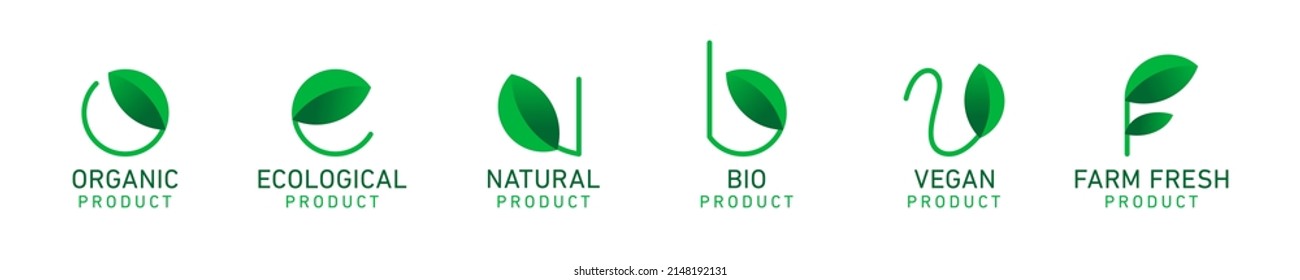 100% organic bio eco vegan farm fresh natural product vector icon logo