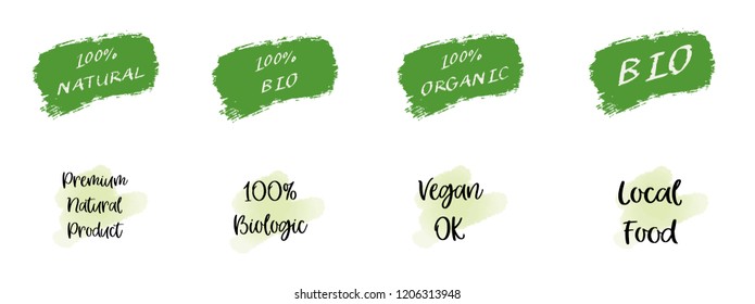 100% Organic, 100% bio, 100% Natural, Local Food, Vegan Ok,  Premium Natural labels. Vector collection of Labels design isolated on white background. 