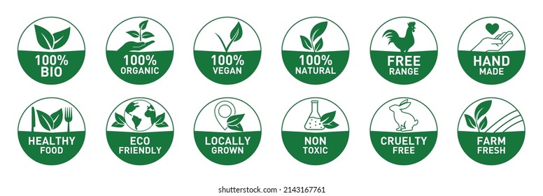 100% organic, 100% bio, vegan, natural, free range, hand made, eco friendly, healthy food, locally grown, cruelty-free, non toxic, farm fresh icon set vector illustration 