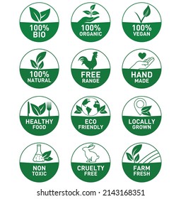 100% organic, 100% bio, vegan, natural, free-range, hand made, eco-friendly, healthy food, locally grown, cruelty-free, non-toxic, farm-fresh icon set vector illustration 