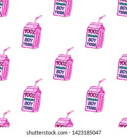 100% Organic Boy Tears drinks seamless pattern. Funny, sassy vector wallpaper. White background.	