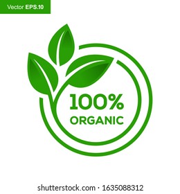 100% Organic Certified Ecology Concept, Round Leaf Label or Badge Warranty Sign Icon Design Vector