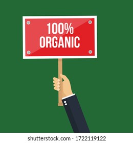 100% organic concept - business hand hold sign.Conceptual vector illustration in flat style design.Isolated on background.
