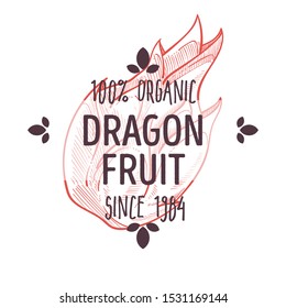 100 organic dragon fruit, exotic tropical, raw pitaya, fresh whole succulent, label for all natural food packaging design, hand drawn detailed sketch, graphic vector illustration on white background
