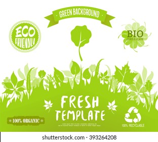 100% organic, eco friendly,  bio certificate, recyclable labels.Green forest silhouette background. Vector banner, brochure or web page template. Green and fresh background