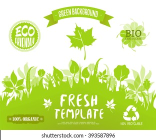 100% organic, eco friendly,  bio cetrificate, recyclable labels.Green forest silhouette background. Vector banner, brochure or web page template. Green and fresh background