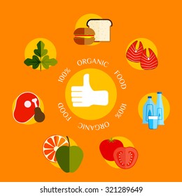 100% organic food flat style design quality control concepts with thumb up label and products. Vector illustration.