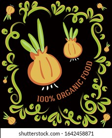 100% organic food with onion. Great illustration for grocery store, groceries or labels for natural products.