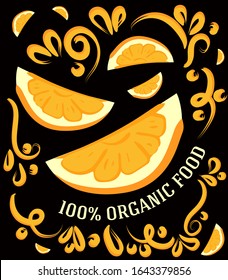 100% organic food with orange. Great illustration for grocery store, groceries or labels for natural products.