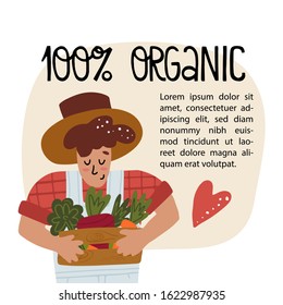 100% organic fun hand drawn lettering text with heart and farmer holds wood crate box of fresh vegetables like pumpkin, carrots, letuce, beet. Flat vector illustration on isolated background.