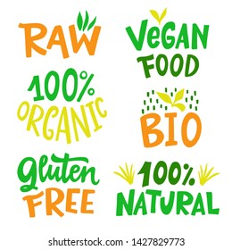 100 % Organic, Gluten free, Vegan, Bio, Eco, Natural food sign set, vector stamp sticker, product mark, label, emblem design. Hand drawn lettering, isolated on white background