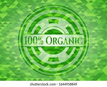100% Organic green emblem. Mosaic background. Vector Illustration. Detailed.