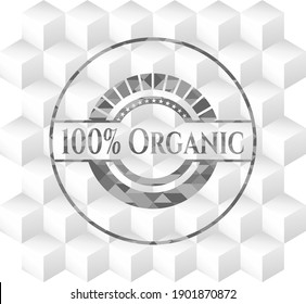 100% Organic grey badge with geometric cube white background. 