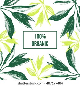 100% Organic hand drawn template with green leaves. EPS 10 vector illustration.