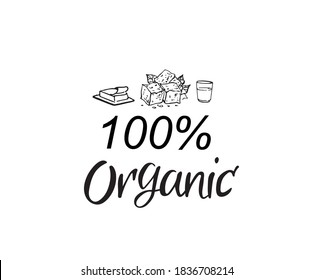 100% Organic Hand Lettering, Vector Illustration Of Organic Food. Temtlate, Bage, Logo, Icon. Eps 10